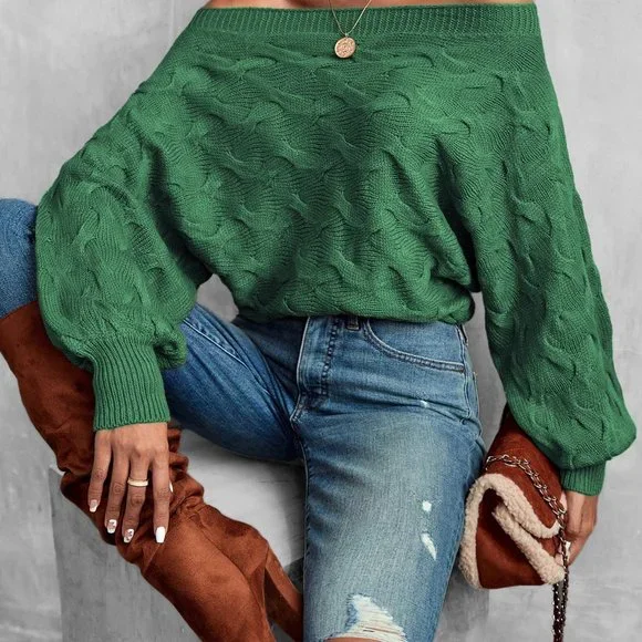 New Off Shoulder Batwing Sleeve Textured Sweater Green - Picture 5 of 7